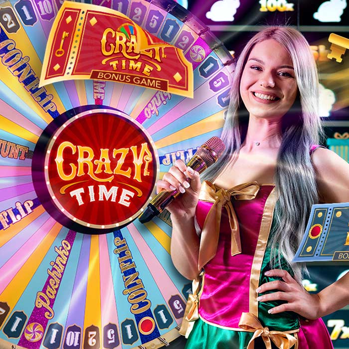 Hoofdspel van Crazy Time met de inzetvelden en het grote live money wheel