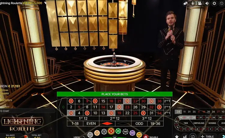 Lightning Roulette spelinterface met roulettetafel en live dealer