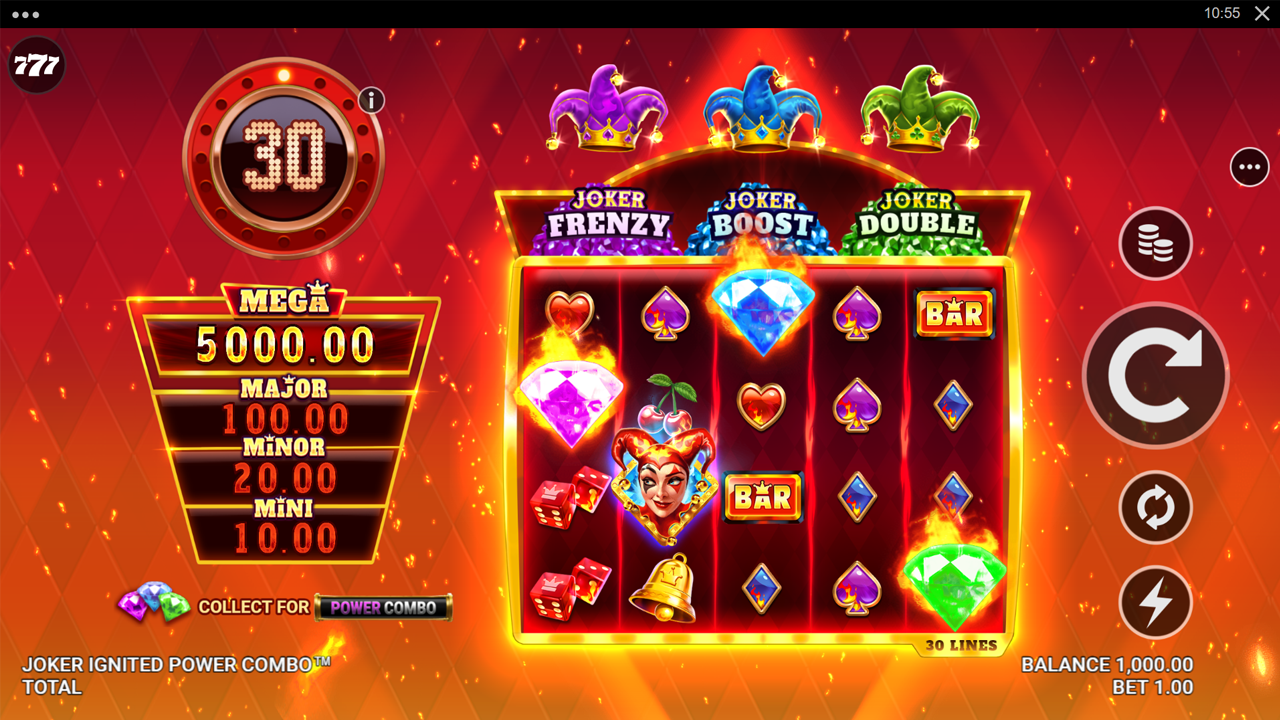 Basisspel van Joker Ignited Power Combo met 5x5-speelveld en voortgangsmeter